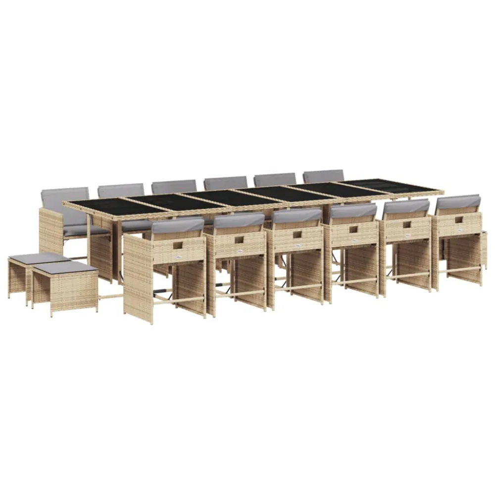 11 pcs conj. jantar jardim com almofadões vime PE bege misturado com Almofadas à Prova D'água
