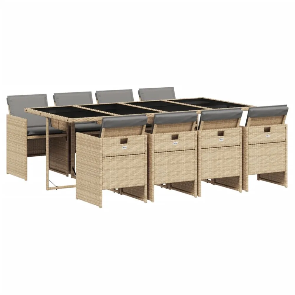 9 pcs conj. jantar jardim com almofadões vime PE bege misturado com Guarda-sol Incluso