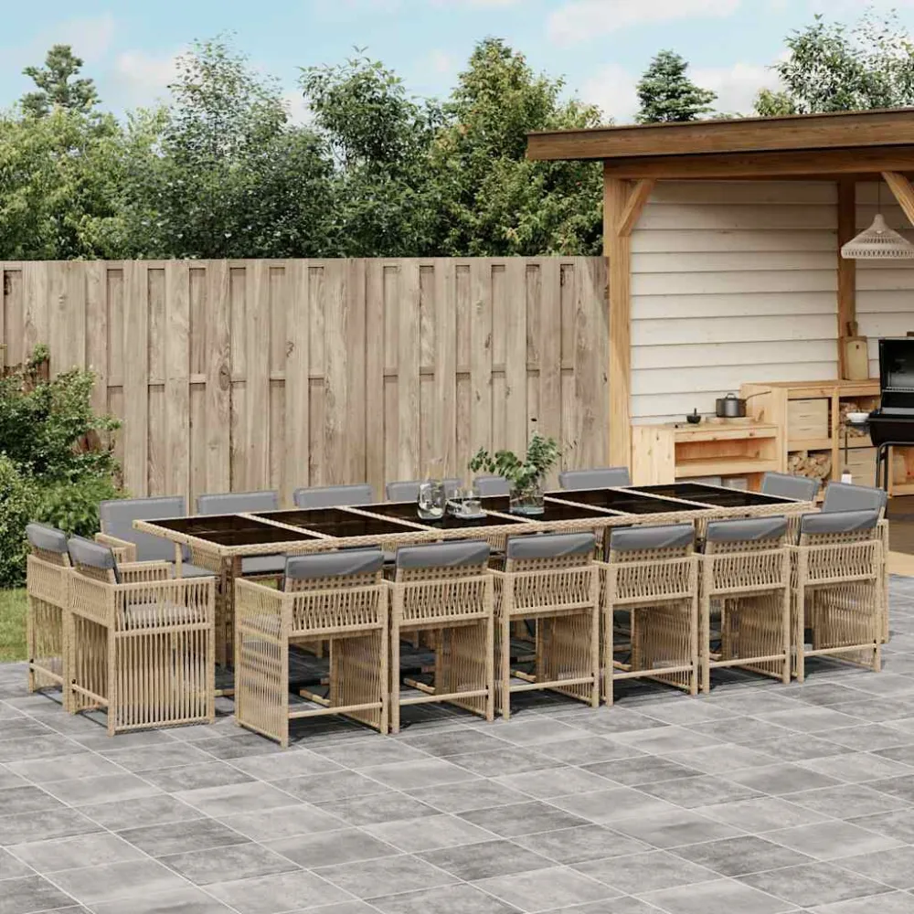 11 pcs conj. jantar jardim com almofadões vime PE bege misturado Kit Completo com Almofadas