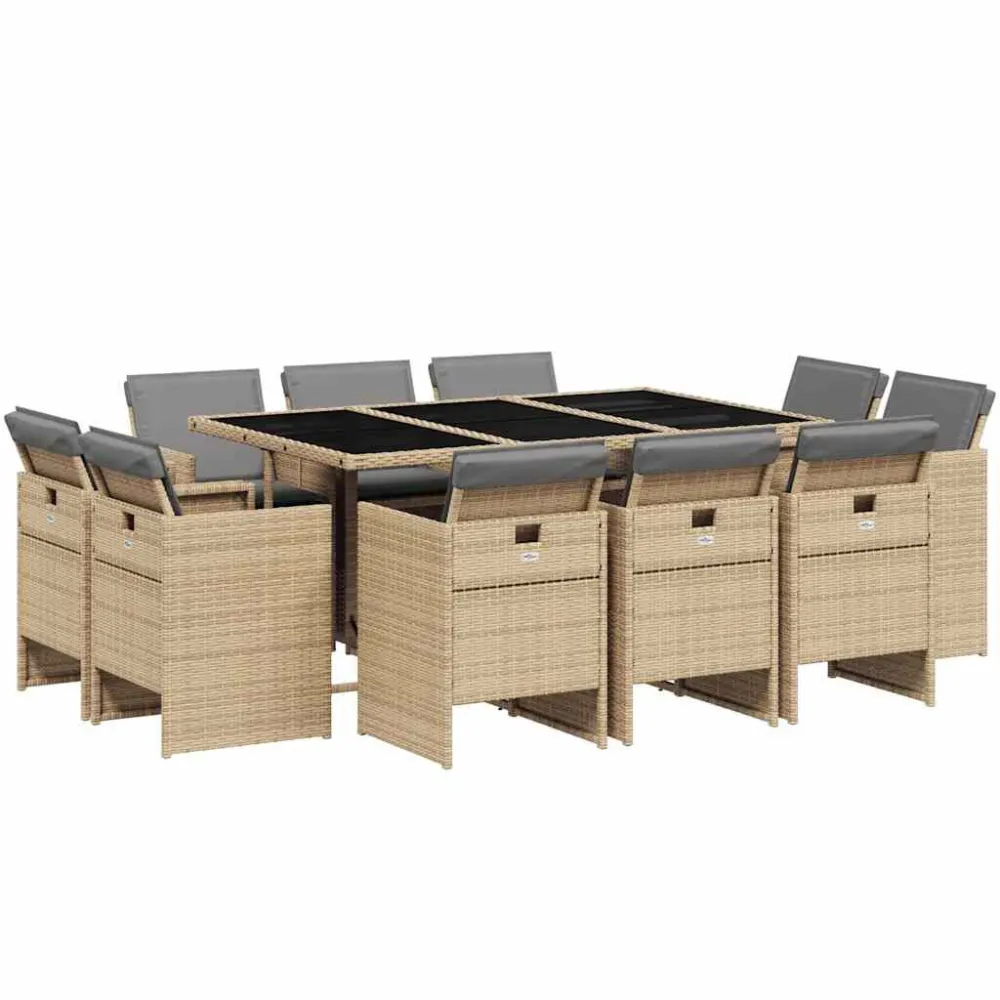 11 pcs conj. jantar jardim com almofadões vime PE bege misturado | Confortável | Durável