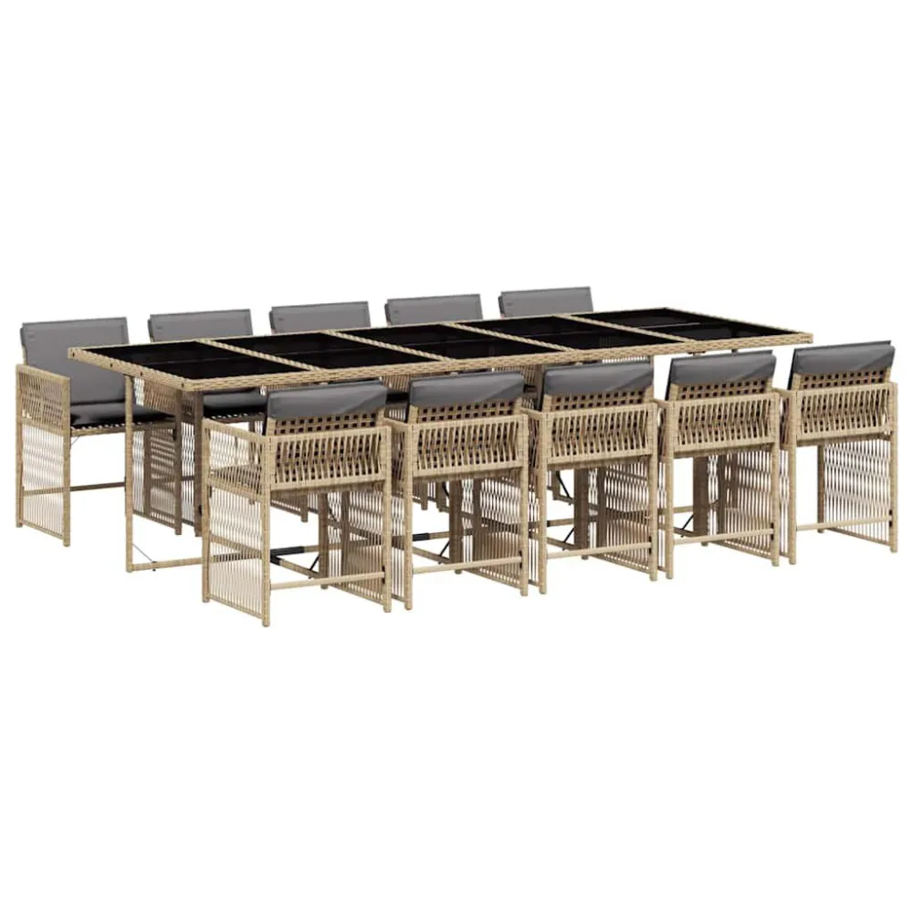 11 pcs conj. jantar jardim com almofadões vime PE bege misturado com Mesa e 6 Cadeiras