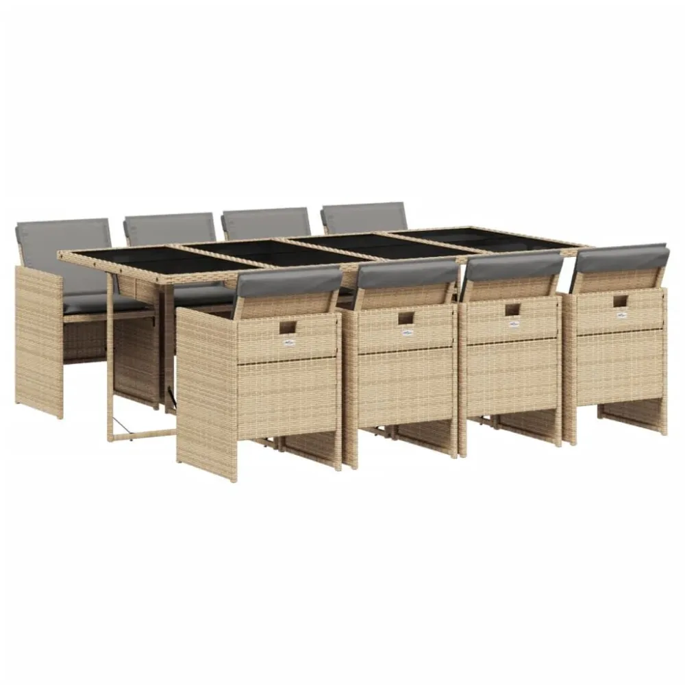 9 pcs conj. jantar jardim com almofadões vime PE bege misturado com Guarda-sol Incluso