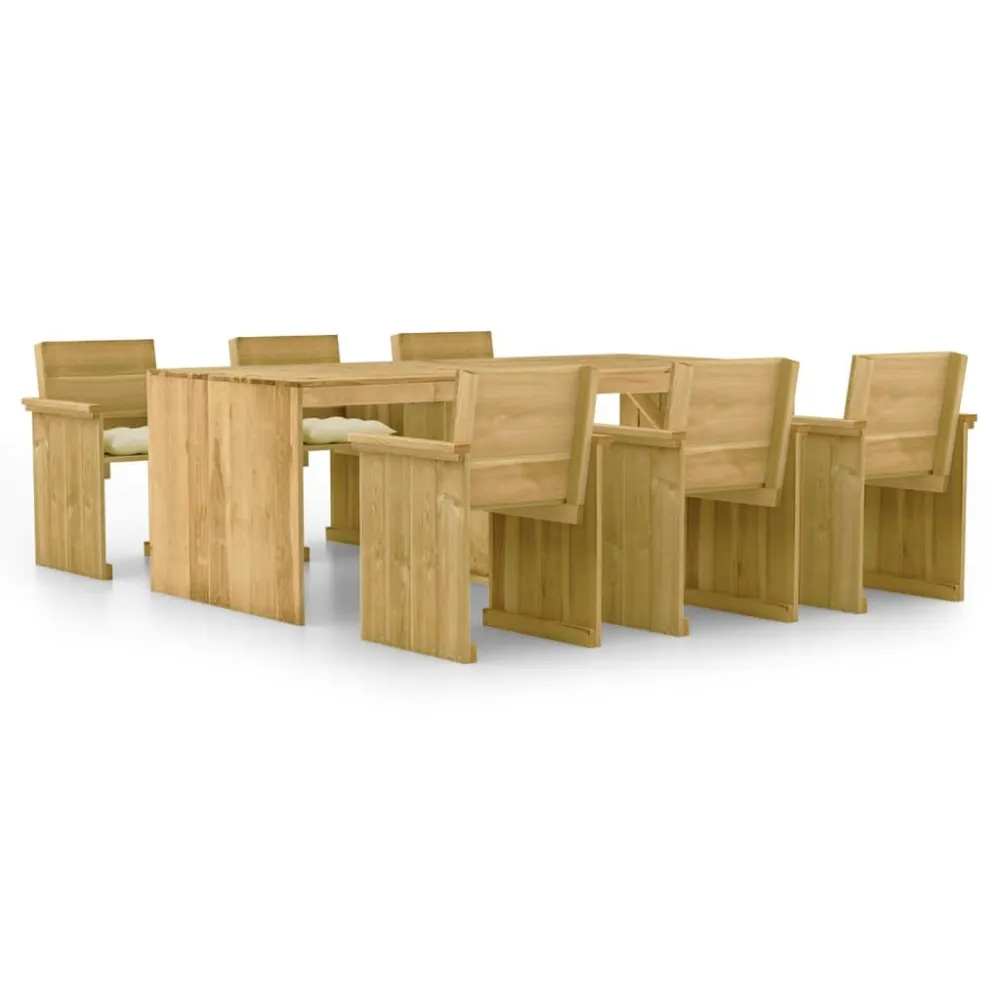 7 pcs conj. de jantar para jardim com almofadões pinho impregnado Fácil Manutenção