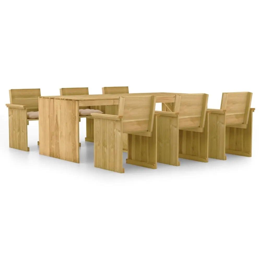 7 pcs conj. de jantar para jardim com almofadões pinho impregnado em Alumínio e Vidro