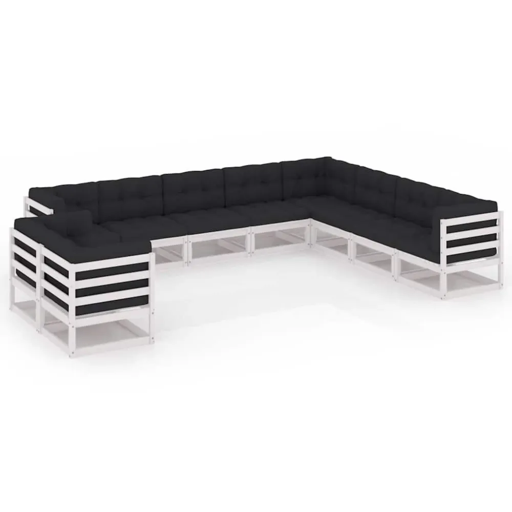 10 pcs conj. lounge de jardim com almofadões pinho maciço branco com Guarda-sol Incluso