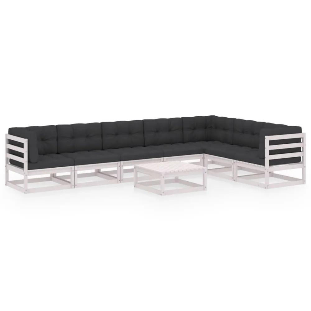 8 pcs conj. lounge de jardim com almofadões pinho maciço branco em Alumínio e Vidro