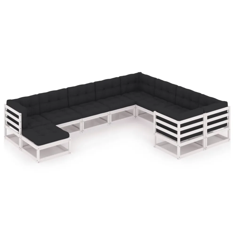 10 pcs conj. lounge de jardim com almofadões pinho maciço branco para Varandas e Terraços