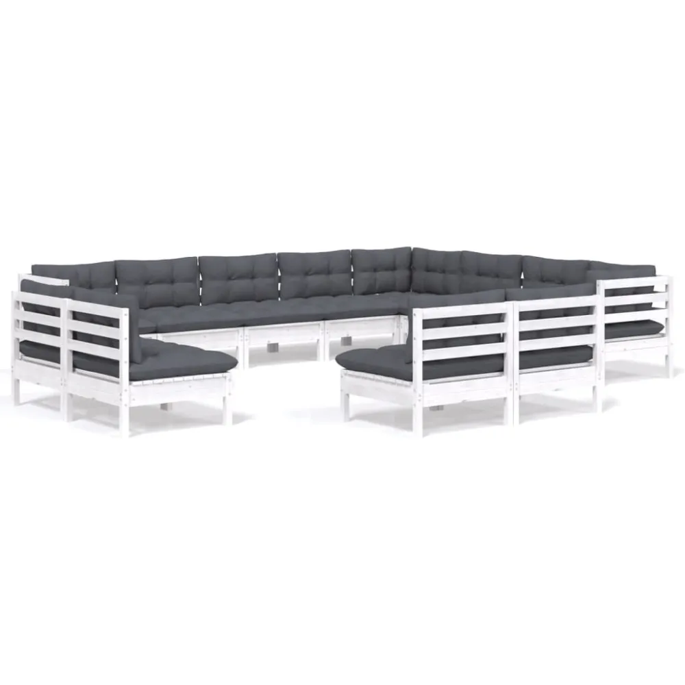 12 pcs conj. lounge de jardim com almofadões pinho maciço branco para Varandas e Terraços