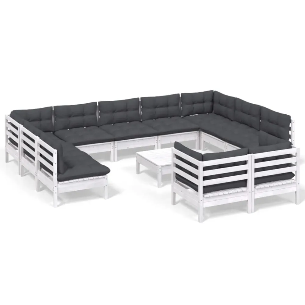 12 pcs conj. lounge de jardim com almofadões pinho maciço branco com Guarda-sol Incluso