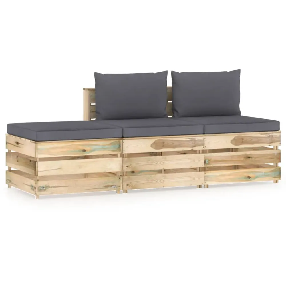 3 pcs conj. lounge jardim com almofadões madeira impreg. verde com Guarda-sol Incluso