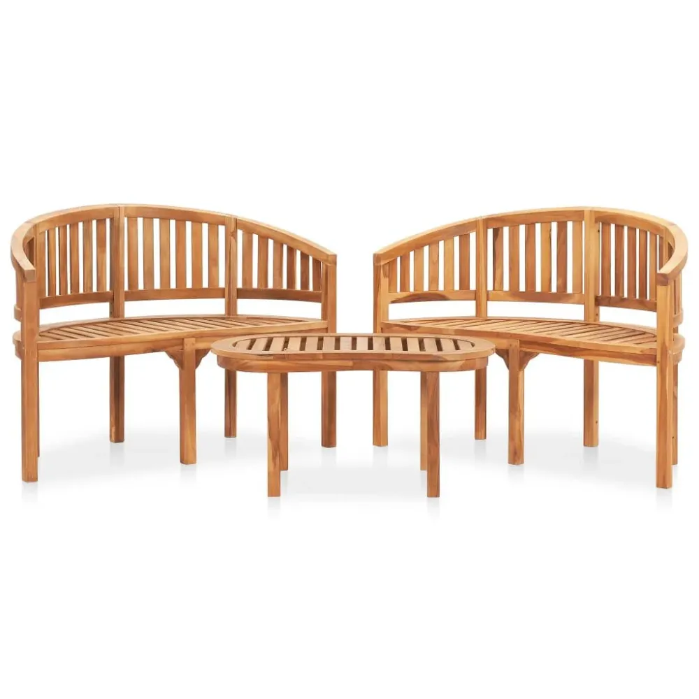 3 pcs conj. lounge de jardim formato banana teca maciç com Mesa e 6 Cadeiras