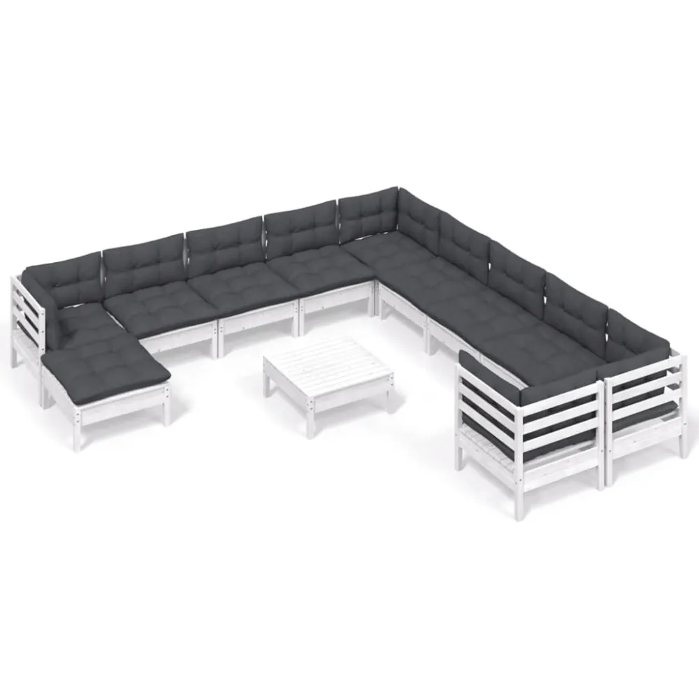 12 pcs conjunto lounge de jardim com almofadões pinho branco em Tecido Outdoor