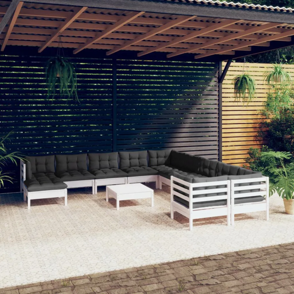 12 pcs conjunto lounge de jardim com almofadões pinho branco em Tecido Outdoor