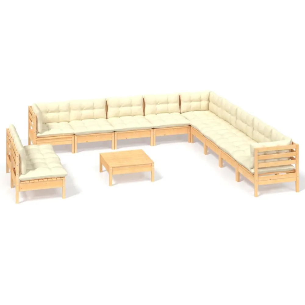 12 pcs conjunto lounge jardim com almofadões creme pinho maciço | Confortável | Durável