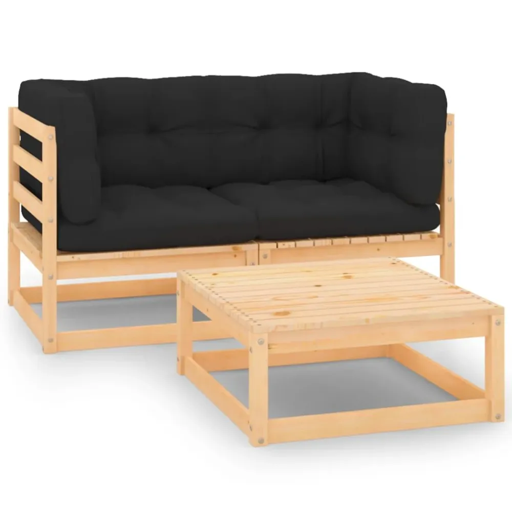 3 pcs conjunto lounge de jardim com almofadões pinho maciço para Varandas e Terraços