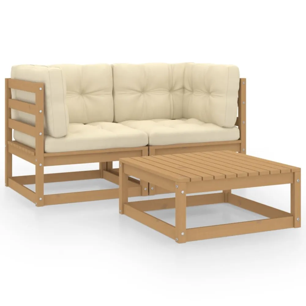 3 pcs conjunto lounge de jardim com almofadões pinho maciço para Varandas e Terraços