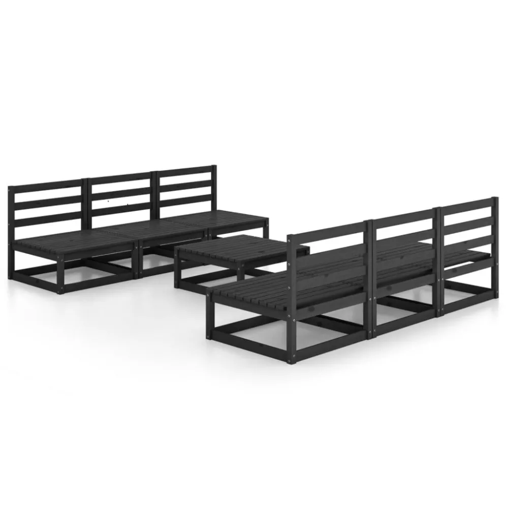 7 pcs conjunto lounge de jardim pinho maciço preto com Almofadas Incluídas