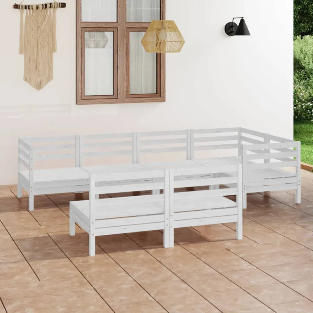 7 pcs conjunto lounge de jardim pinho maciço branco | ço Inoxidável