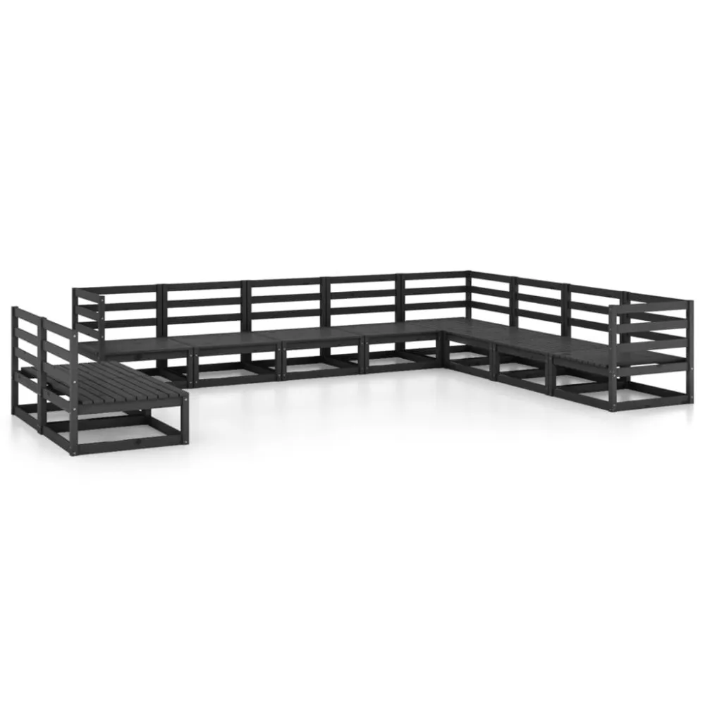 10 pcs conjunto lounge de jardim pinho maciço preto em Tecido Outdoor
