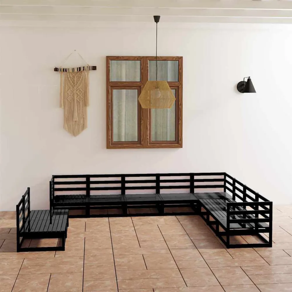 10 pcs conjunto lounge de jardim pinho maciço preto em Tecido Outdoor