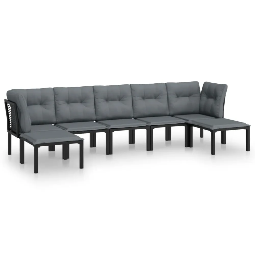 7 pcs conjunto lounge de jardim vime PE preto e cinzento com Almofadas à Prova D'água