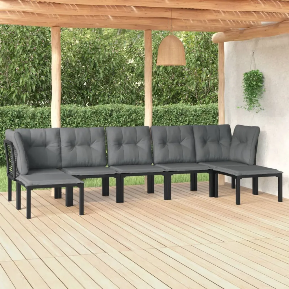 7 pcs conjunto lounge de jardim vime PE preto e cinzento com Almofadas à Prova D'água