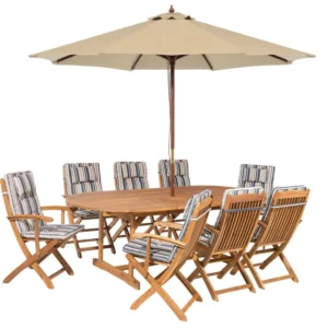 Conjunto Completo para Conjunto de jardim em madeira de acácia almofadas riscas multicolores e guarda-sol cor de areia MAUI