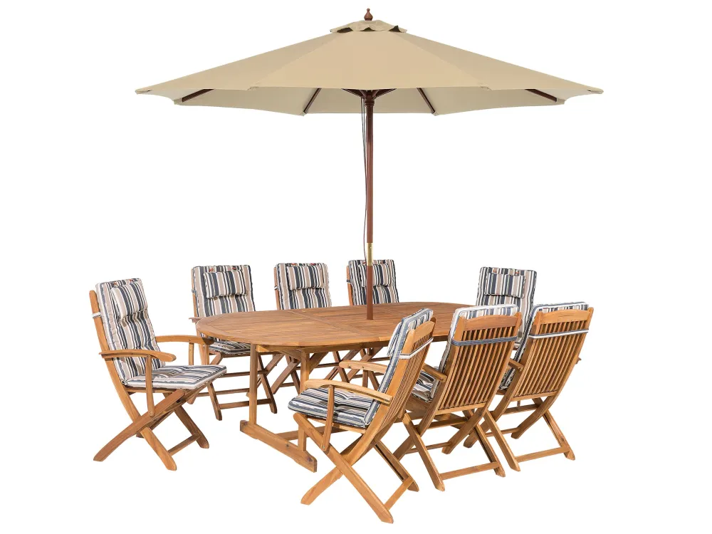 Conjunto Completo para Conjunto de jardim em madeira de acácia almofadas riscas multicolores e guarda-sol cor de areia MAUI