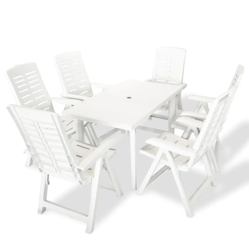 Conjunto de jantar de exterior 7 pcs plástico branco com Almofadas à Prova D'água