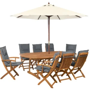 Conjunto de Jardim Conjunto de jardim com mesa 8 e cadeiras com almofadas grafite mais guarda-sol creme MAUI