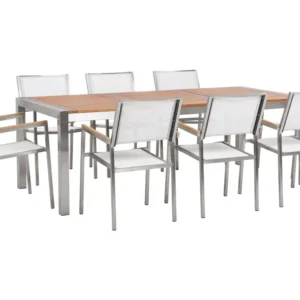 Conjunto de jardim em inox mesa com eucalipto e 8 cadeiras com tecido branco GROSSETO com Almofadas à Prova D'água
