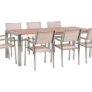 Conjunto de jardim em inox mesa com eucalipto e 8 cadeiras com tecido creme GROSSETO com Guarda-sol Incluso