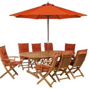 Conjunto de jardim em madeira de acácia almofadas terracota e guarda-sol vermelho MAUI Fácil Manutenção