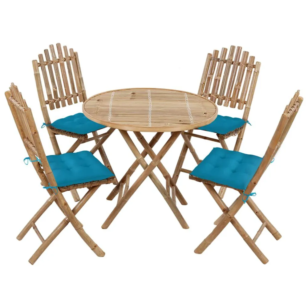 Conjunto de Madeira Maciç 5 pcs conj. de jantar dobrável com almofadões para exterior bambu