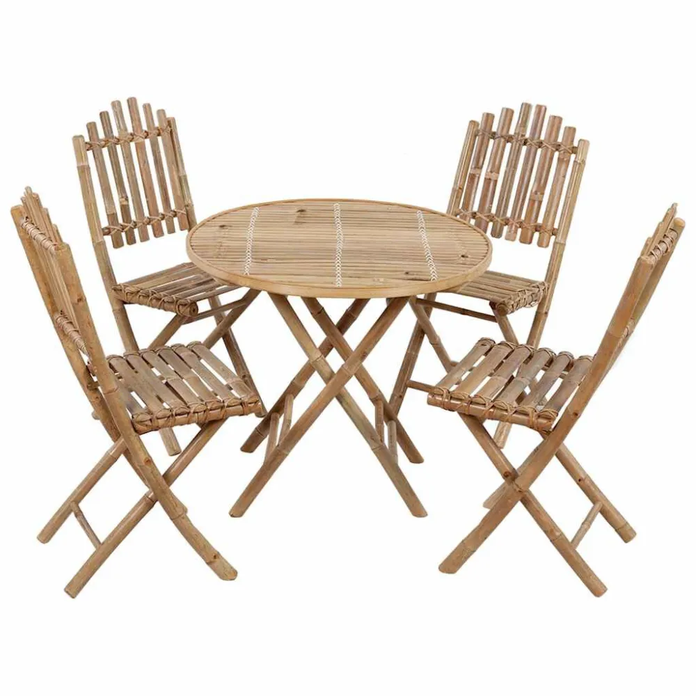 Conjunto de Madeira Maciç 5 pcs conj. de jantar dobrável com almofadões para exterior bambu