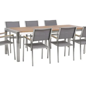 Conjunto Modular para Conjunto de jardim em inox mesa com eucalipto e 8 cadeiras com tecido cinzento GROSSETO
