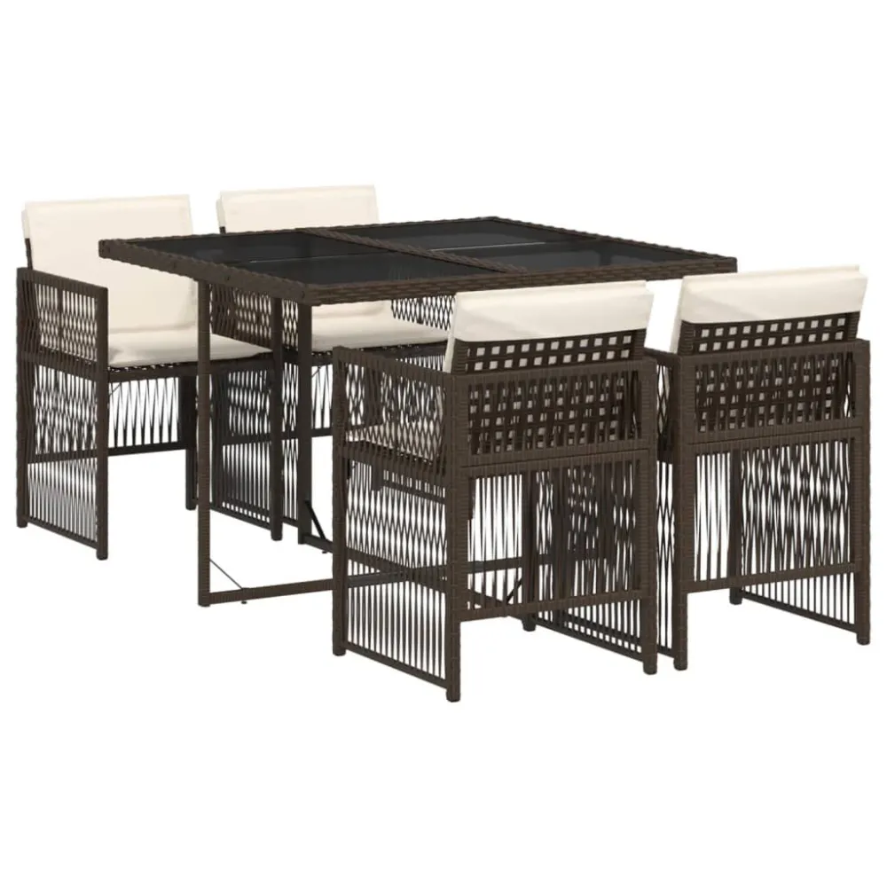 Conjunto Premium de 5 pcs conjunto jantar para jardim com almofadões vime PE castanho