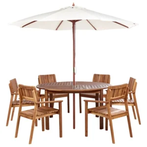 Conjunto de refeições de 6 jardim lugares em madeira de acácia clara com guarda-sol (12 opções) AGELLO para Áreas de Lazer