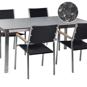 Conjunto de refeição de jardim 4 lugares com efeito de granito preto e rattan preto COSOLETO/GROSSETO com Almofadas Incluídas