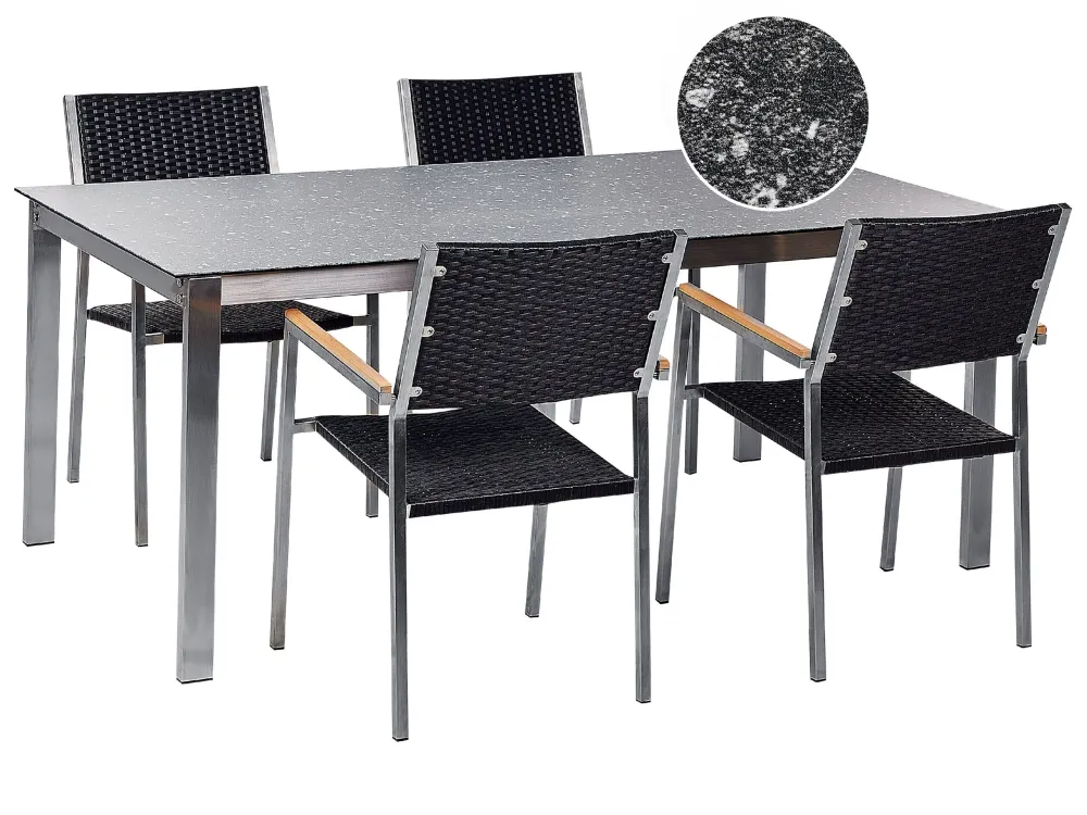 Conjunto de refeição de jardim 4 lugares com efeito de granito preto e rattan preto COSOLETO/GROSSETO com Almofadas Incluídas