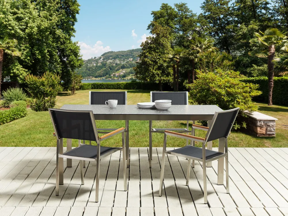 Conjunto de refeição de jardim 4 lugares com efeito de granito preto e rattan preto COSOLETO/GROSSETO com Almofadas Incluídas
