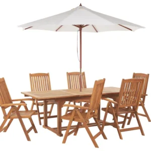 Conjunto de refeição de jardim 6 lugares em madeira de acácia e guarda-sol JAVA (12 opções) em Alumínio e Vidro