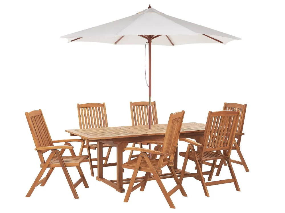 Conjunto de refeição de jardim 6 lugares em madeira de acácia e guarda-sol JAVA (12 opções) em Alumínio e Vidro