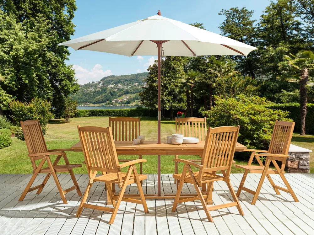 Conjunto de refeição de jardim 6 lugares em madeira de acácia e guarda-sol JAVA (12 opções) em Alumínio e Vidro