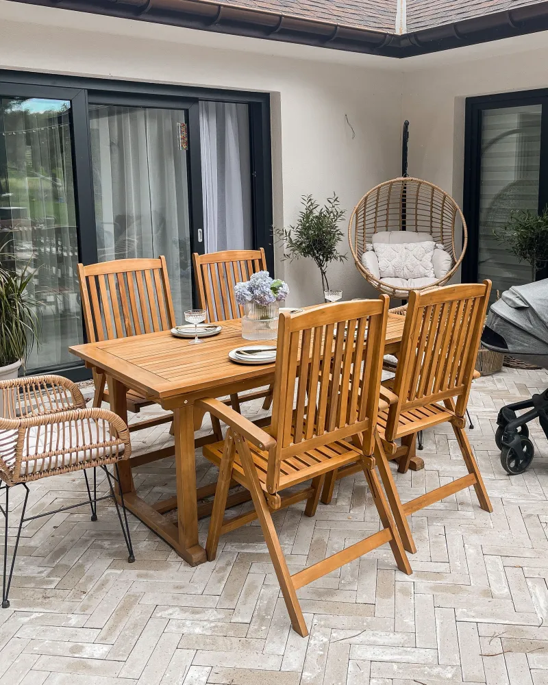 Conjunto de refeição de jardim 6 lugares em madeira de acácia e guarda-sol JAVA (12 opções) em Alumínio e Vidro