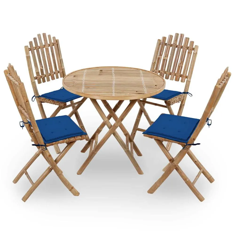 5 pcs conj. de jantar dobrável com almofadões para exterior bambu para Áreas de Lazer