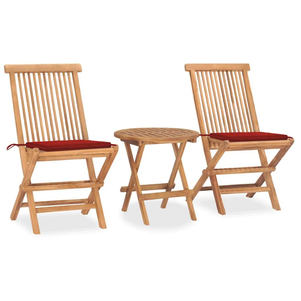 3 pcs conj. jantar dobrável exterior com almofadão teca maciç com Guarda-sol Incluso