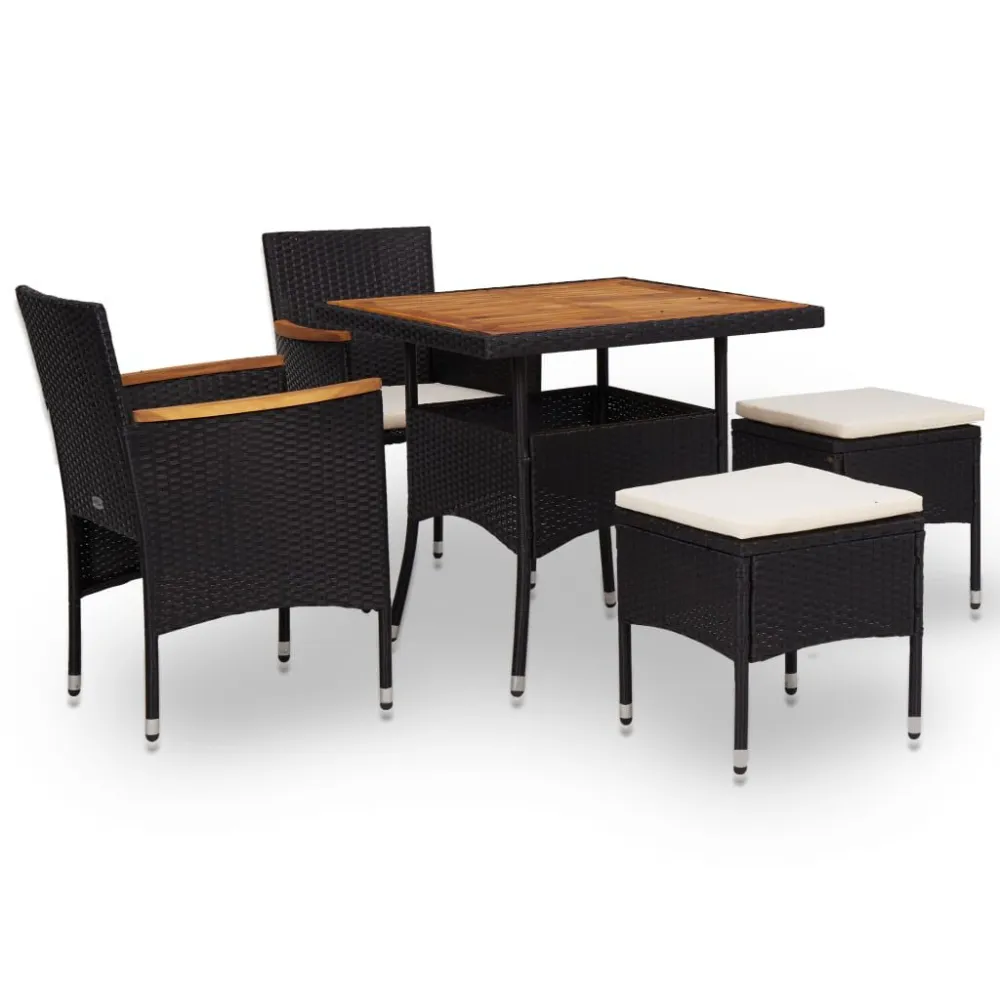 5 pcs conjunto jantar para exterior vime PE madeira acácia preto com Mesa e 6 Cadeiras