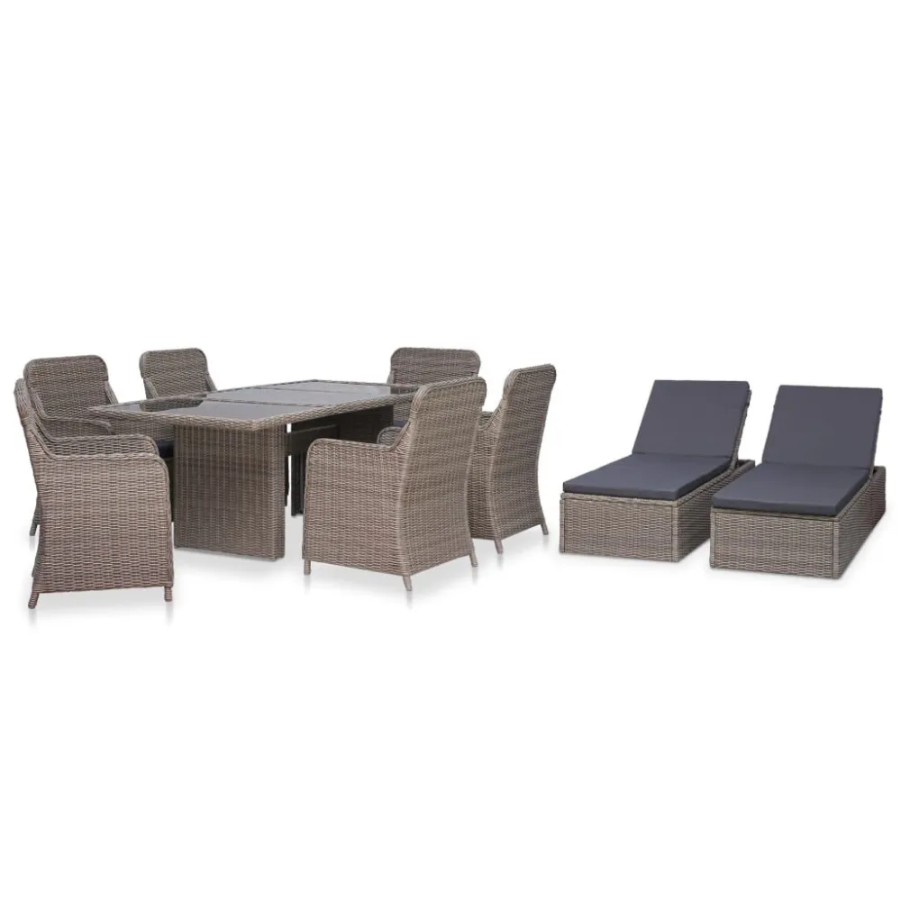 9 pcs conjunto de jantar para exterior vime PE castanho com Almofadas à Prova D'água