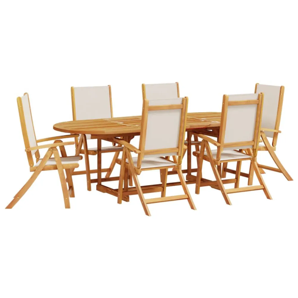 7 pcs conjunto de jantar para jardim acácia maciç e textilene com Mesa e 6 Cadeiras